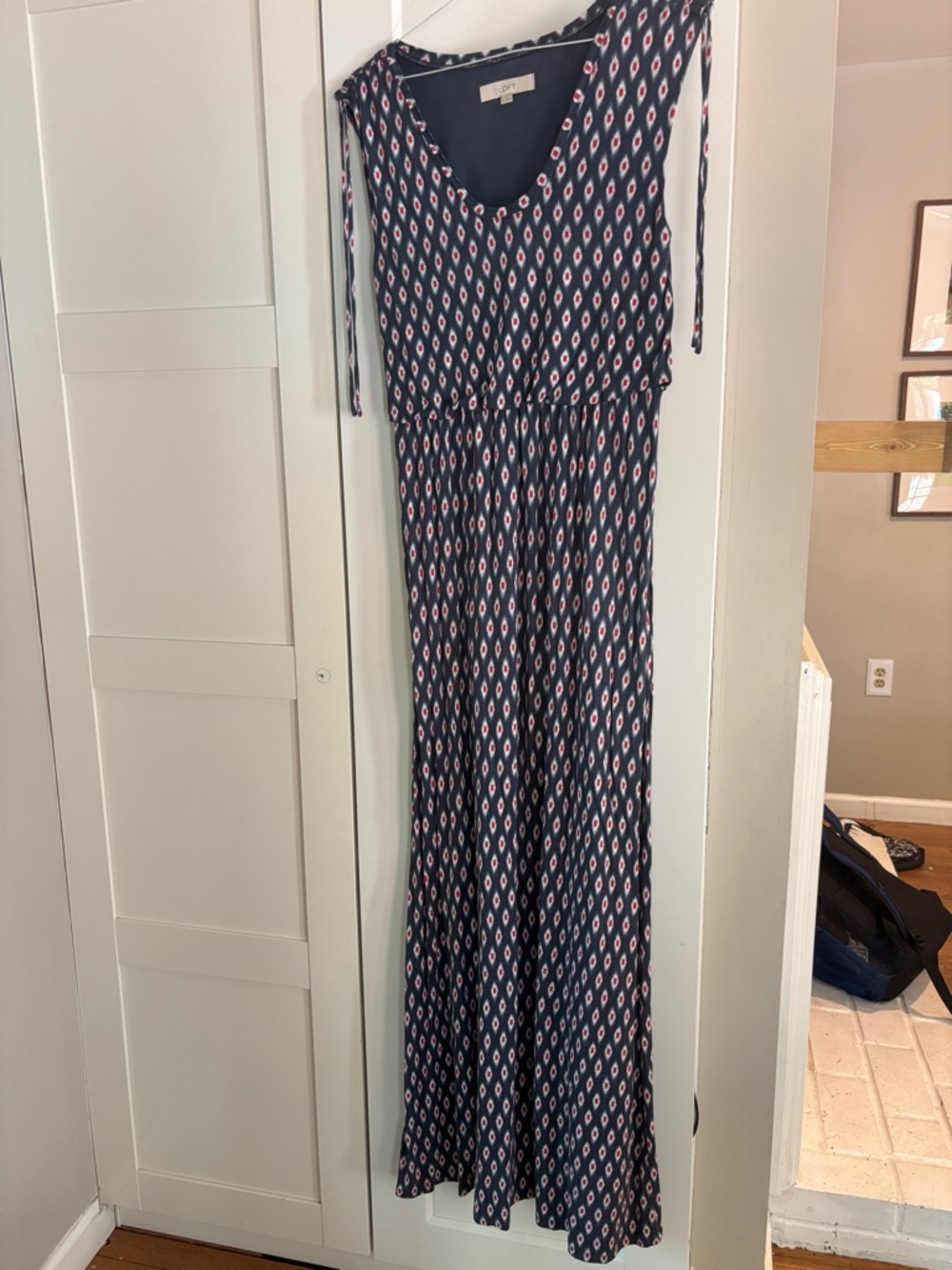 LOFT Sleeveless Navy Patterned Maxi Dress with red Accents